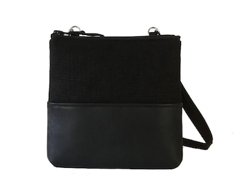 Travel Buddy Crossbody Bag / Purse in Black Fabric & Black Upcycled Leather, handmade in Finland