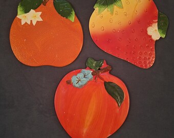 Set of 3 Vintage Ceramic Wall Hangings: Apple, Strawberry, Orange