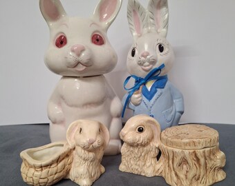 Vintage Ceramic Easter Bunny Figurines Collection, Blue Suit Rabbit, Trinket Boxes