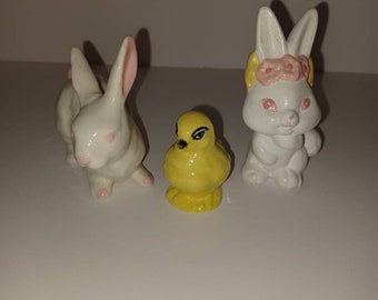A chick, a bunny and a rabbit: Set of three spring figurines