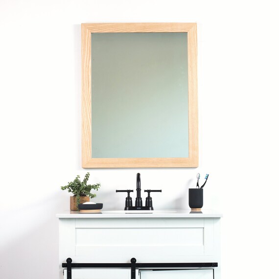 Blonde Wood Bathroom Wall Mirror Wide Modern Rustic Farmhouse Large Frame