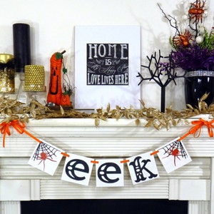Eek Banner, Happy Halloween Banner, Halloween Decoration, Trick Or Treat Garland, Fall Decorations, Party Photo Props, Spider and Web Sign