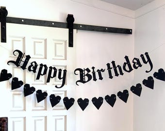 Happy Birthday Banner ∙ Gothic Letters ∙ Emo Banner ∙ Old English Birthday ∙ Emo Goth Birthday Banner ∙ Any Age Birthday ∙ Heart Garland