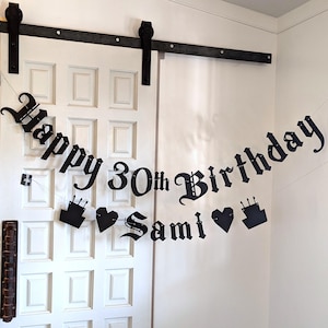Happy Birthday + Custom Name/Age Banner - Gothic Letters - Emo Banner - Old English Birthday - Emo Goth Birthday sign - Birthday Cake icons