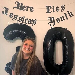 Here Lies Your Youth Banner - Custom Name - Gothic Letters - Emo Banner - 30th Birthday - Old English - Death To My 20s Banner - Goth Sign