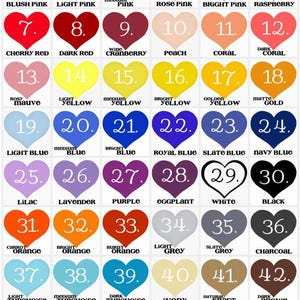 May include: A color chart with 54 heart-shaped color swatches, each labeled with a color name. The chart includes a range of colors, from pinks and reds to blues, greens, and neutrals. Text at the top reads "CHOOSE COLORS FOR: Hearts & Ribbon OR Twine."