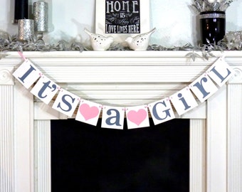 Baby Shower Decoration / Its A Girl Banner / Baby Announcements / Gender Reveal Banner /Rustic /Onesie /New Baby / Baby Pink