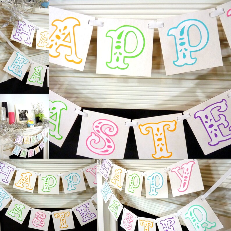 May include: A festive banner spelling "HAPPY EASTER" with colorful, decorative letters. Each letter is a different color, including orange, green, pink, and purple, against a white background. The banner is strung with white ribbon, perfect for Easter decorations.