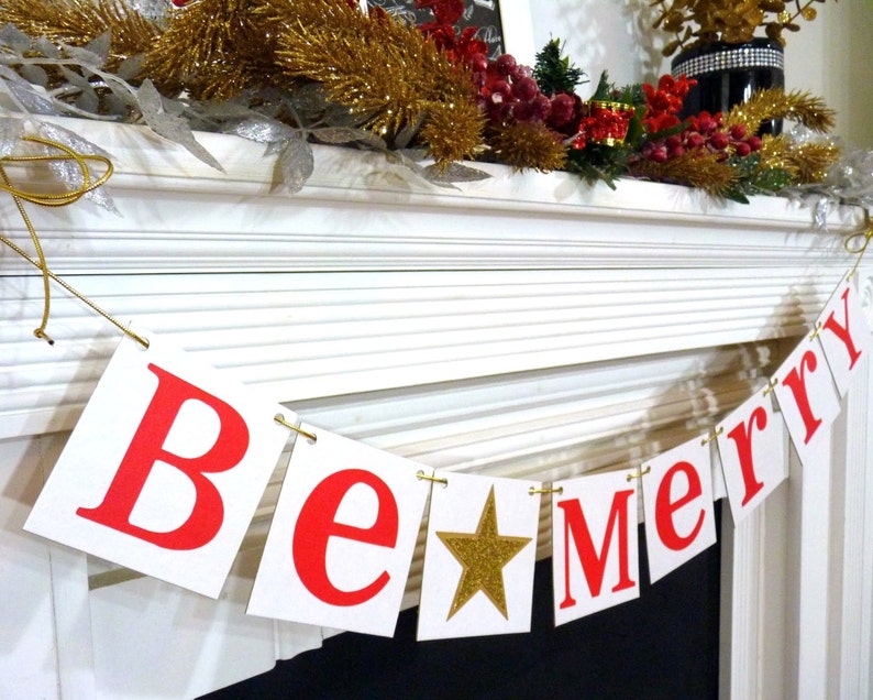 Christmas Banner, Be Merry Banner, Christmas Garland, Merry Christmas Sign, Christmas Decoration, Be Merry photo prop , Gold Or Silver Star image 4