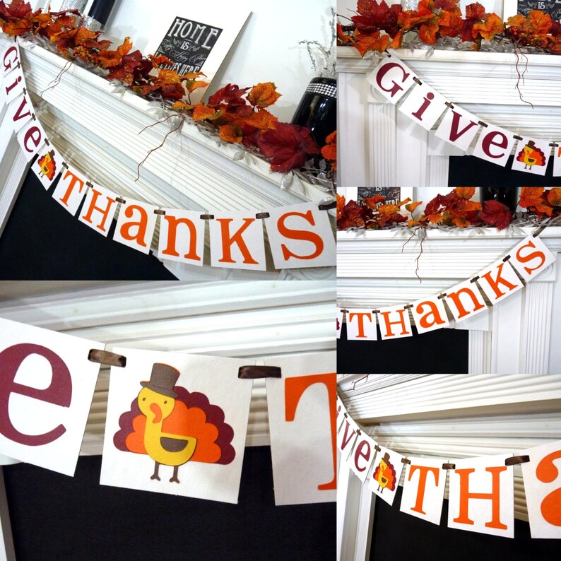 May include: A Thanksgiving banner reading "Give Thanks" in burgundy and orange. The banner features a turkey illustration and is adorned with autumn leaves, ideal for seasonal home decoration.