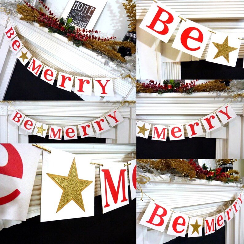 Christmas Banner, Be Merry Banner, Christmas Garland, Merry Christmas Sign, Christmas Decoration, Be Merry photo prop , Gold Or Silver Star image 3