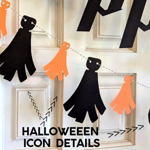 May include: A Halloween banner with black and orange paper cutouts of ghosts and pumpkins strung on a white string. The word "MERRY" is visible in black letters. The text "HALLOWEEEN ICON DETAILS" is at the bottom.