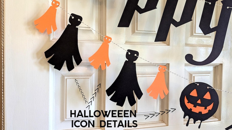 May include: A Halloween banner with black and orange paper cutouts of ghosts and pumpkins strung on a white string. The word "MERRY" is visible in black letters. The text "HALLOWEEEN ICON DETAILS" is at the bottom.