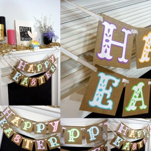 May include: A festive "Happy Easter" banner with colorful letters on brown cardstock. The letters are outlined in various colors, including purple, blue, and green, and strung together with white ribbon. Perfect for Easter decorations.