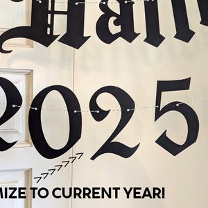 May include: Black banner with the words "Happy Halloween" in gothic font. The year "2025" is displayed below, with pumpkin and orange accents. The text "Customize to Current Year!" is at the bottom.