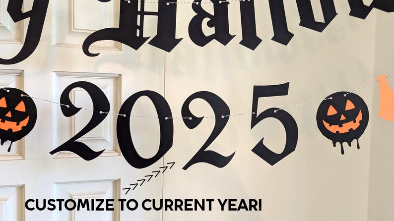 May include: Black banner with the words "Happy Halloween" in gothic font. The year "2025" is displayed below, with pumpkin and orange accents. The text "Customize to Current Year!" is at the bottom.