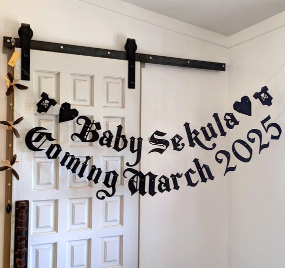 Baby Custom Name Banner plus Date he/she coming / Goth Baby Shower / Pregnancy Announcement / Baby Gothic Party / Old English / Goth Onesie