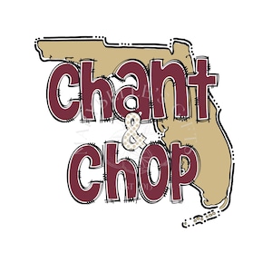 Puede incluir: Diseño gráfico con el contorno de Florida en beige, las palabras "chant & chop" en granate y negro. El símbolo "&" es de color beige claro con lunares blancos. El diseño está sobre un fondo blanco.