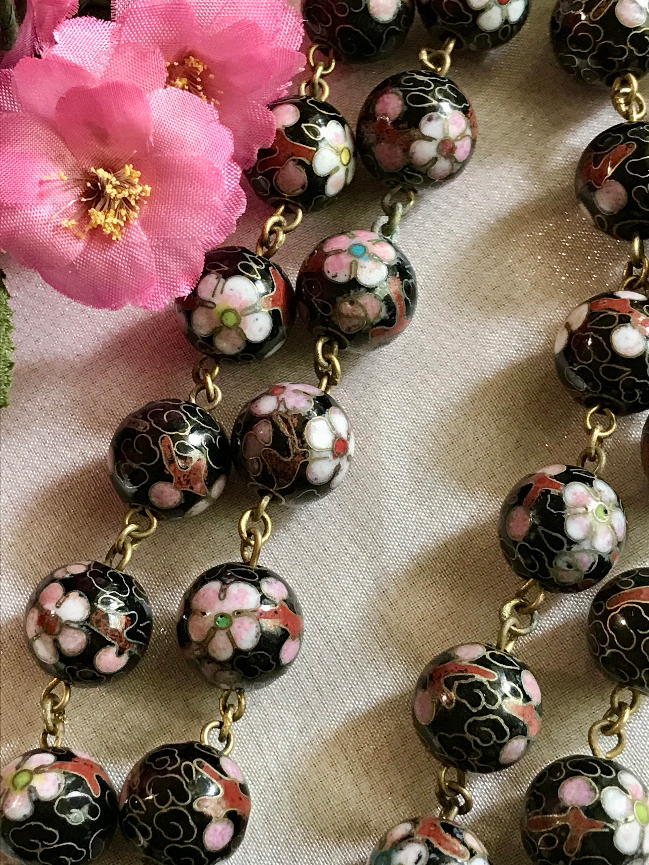 VINTAGE CLOISONNE Bead and Chain Necklace Rare Cloisonne Bead Necklace