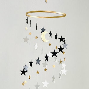Gold and Black and White Stars Baby Mobile, Wood Stars and Moon Mobile Nursery, Spinning Mobile, Kids Room Decor, Minimalist Mobiles