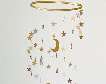 Multicolor Wood Stars and Moon Baby Mobile, Stars and Moon Mobile Nursery, Night Baby Mobile, Minimalist Mobile, Gender Neutral Mobile