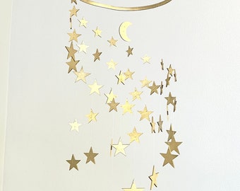 Brass Gold Stars Baby Mobile,  Stars and Moon Mobile Nursery, Moon Baby Mobile, Minimalist Mobile, Gender Neutral Mobile
