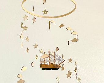 Flying Ship Clouds and Stars Baby Mobile, Stars and Moon Mobile Nursery, Adventure Toddler Mobile, Minimalist Gender Neutral Kids Mobile