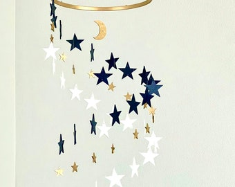 Gold and Navy and White Stars Baby Mobile, Wood Stars and Moon Mobile Nursery, Toddlers Mobile, Kids Room Decor, Minimalist Mobiles