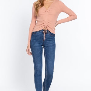 V neck with shirring detail, Long sleeve ribbed top