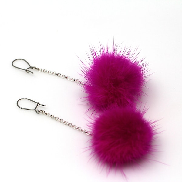 Mink Dangle Earrings | Mink Fur Ball Earring | Sterling Silver Plate Rolo Chain | Surgical Steel Ear Wires | 30 Colors | Luxe Long Earrings