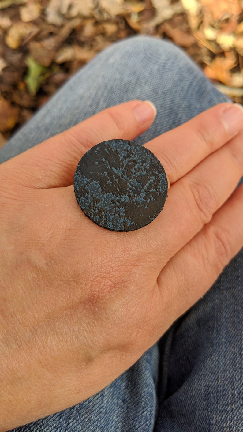 Colorful US Size 5-10 | Disc 30mm Recycled Faux Leather Statement Polyurethane Ring Sterling Plate Adjustable Ring Band