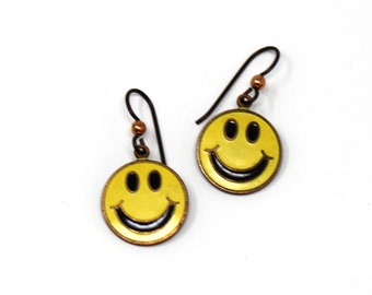 Dangle Earrings | Vintage Yellow & Black Enameled Copper Round Smiley Earrings | Niobium Ear Wires |  1.375" Long | Smiley Earrings