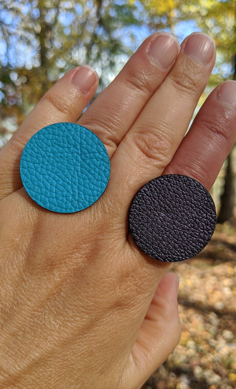 Colorful US Size 5-10 | Disc 30mm Recycled Faux Leather Statement Polyurethane Ring Sterling Plate Adjustable Ring Band