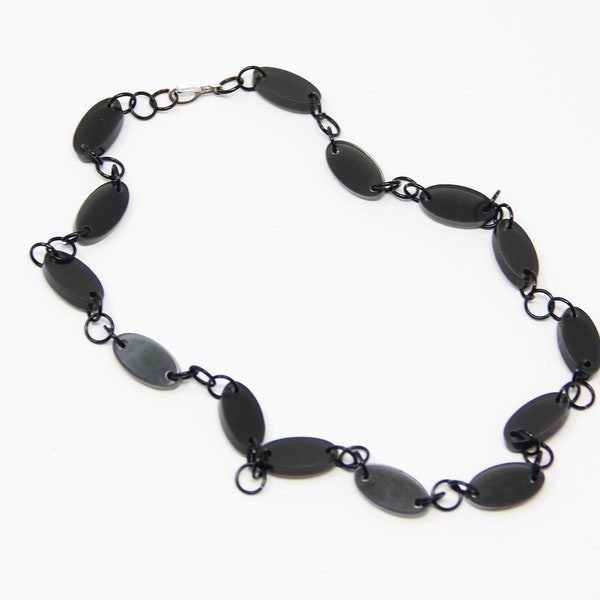 Necklace, Black Acrylic Ovals & Anodized Aluminum Rings in Black, Grey or Silver Chain of  14", 16", 18" Length Necklace Caitlin Collection