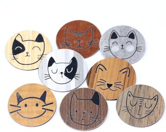 Katze Gesicht Formica® Brosche Pin Schmuck | Recyclierte Kunstholz Reica®| 8 Farben & Styles | Verschluss Pin Rückseite | Upcycling Alternative Materialien