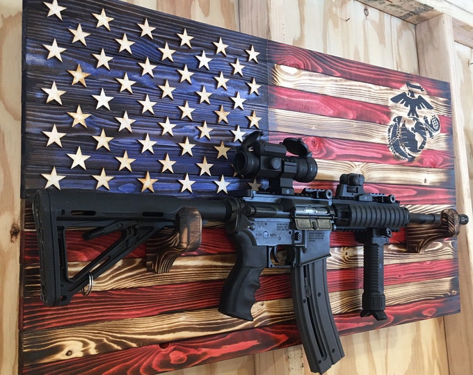 Featured listing image: Rustic American Flag Gun Rack. Compound Bow Rack with military logo license #21185