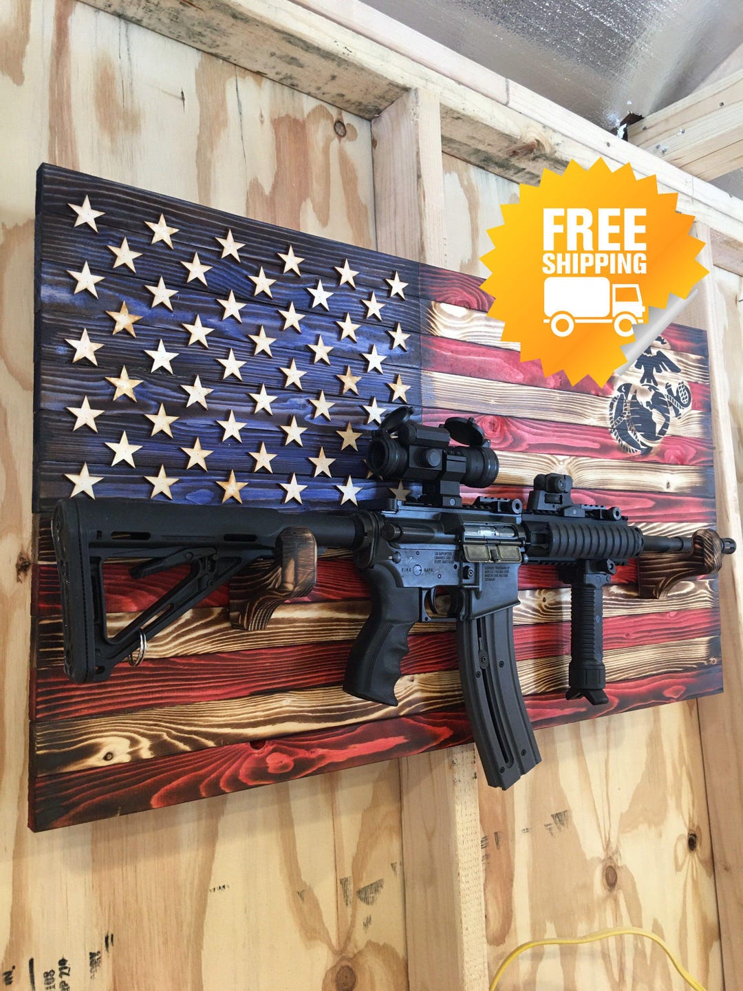 Rustic American Flag Gun Rack. Compound Bow Rack With Military Logo ...