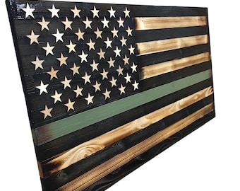 Handmade Wooden American Flag - Thin Green Line - Rustic Wood Wall Art