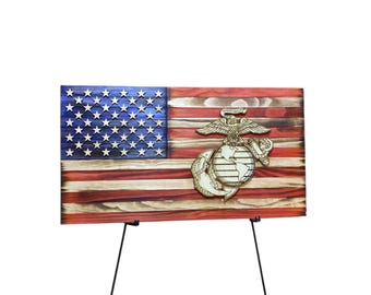 36x19 Rustic Wooden American Flag with U.S. Marine Corps Eagle Globe and Anchor
