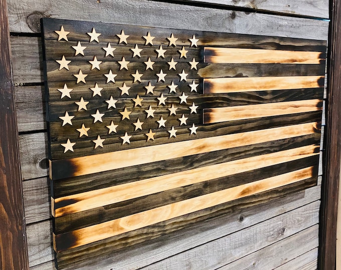 Featured listing image: Subdued Black and White Rustic Wooden American Flag 36x19