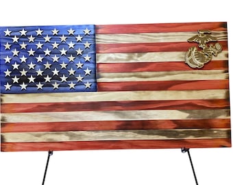Bandera estadounidense rústica de madera de 36 x 19 pulgadas con globo terráqueo y ancla del Cuerpo de Marines de EE. UU.