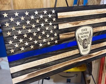 Ohio State Highway Patrol Wooden Flag - Blue Line Police Gift