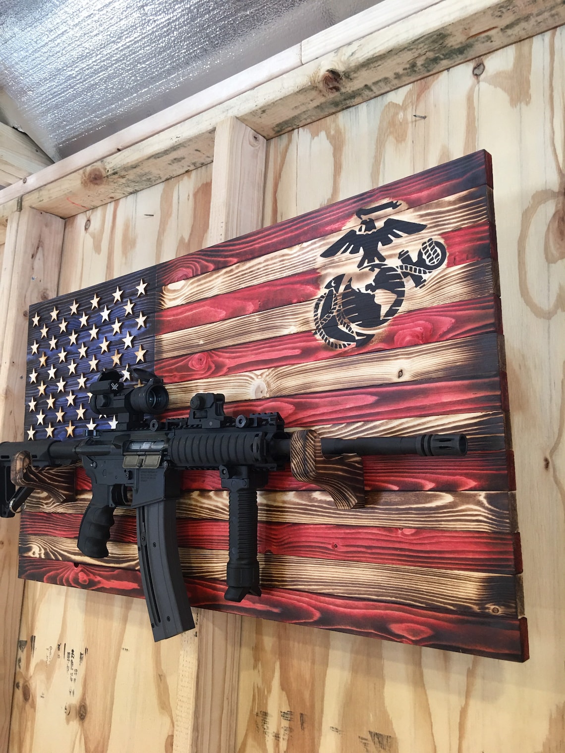 Rustic American Flag Gun Rack. Compound Bow Rack With Military Logo ...
