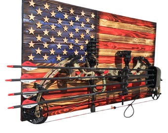 36x20 rustic American flag compound bow rack. Hunting gifts