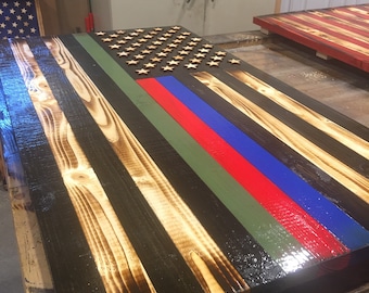 Rustic First Responder American Flag: Thin Line Wooden Wall Art (36x19)