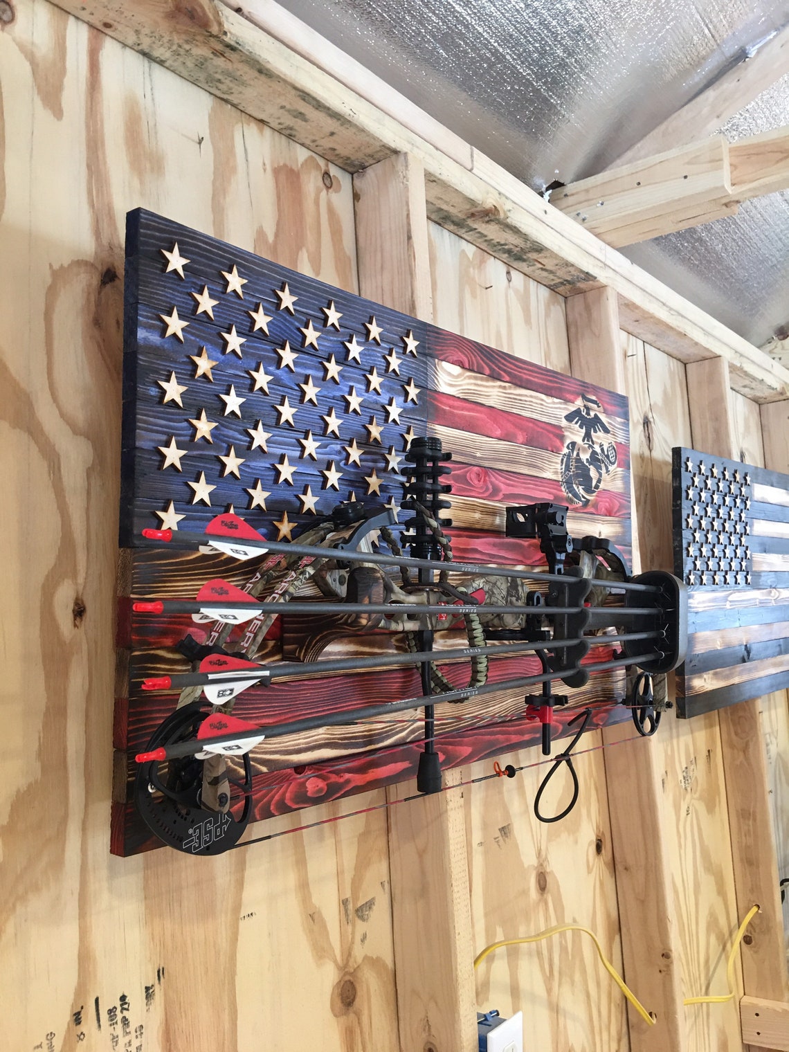 Rustic American Flag Gun Rack. Compound Bow Rack With Military Logo ...