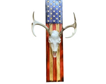 American Flag Deer Skull Antler Wood Wall Art, Rustic Patriotic Decor