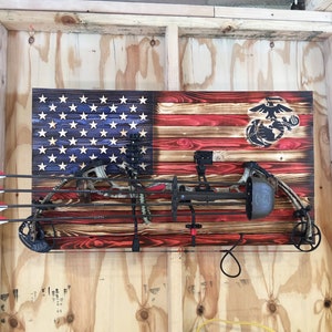 Rustic American Flag Gun Rack. Compound Bow Rack With Military Logo ...