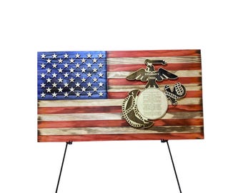Handmade Wooden American Flag - USMC Rifleman's Creed - Military Wall Art