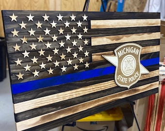 Michigan State Police Wooden Flag – Blue Line, Law Enforcement Gift
